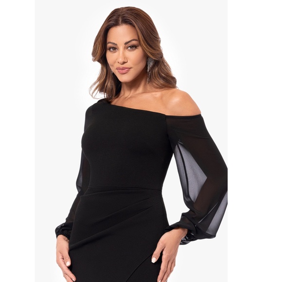 NEW Betsy & Adam BLACK Plus Size DONNA Off The Shoulder ILLUSION SLEEVE GOWN 20W - Picture 11 of 13